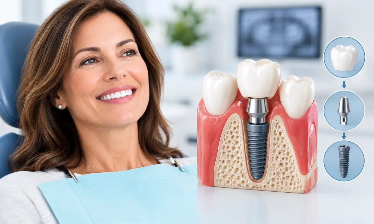 Dental implant model showing a replacement tooth, abutment, and titanium implant secured in the jawbone beside a smiling patient.